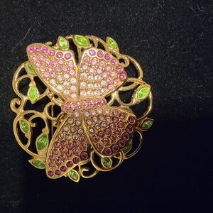 Elegant Gold Butterfly Brooch with Pink and Green Accents